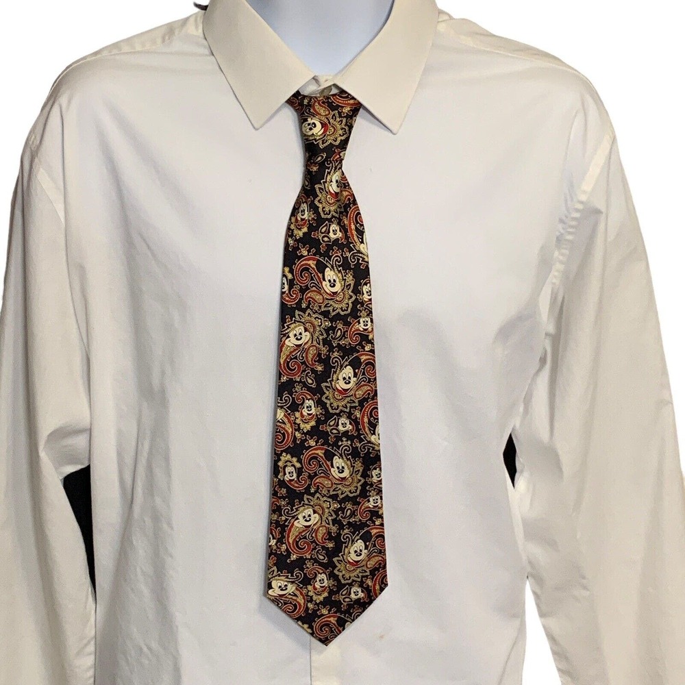 Vintage Mickey Mouse Necktie Disney Paisley Silk Balancine Black Gold Retro Wide